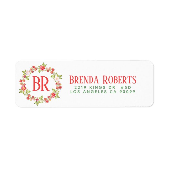 Christmas Red Berries & Flowers Wreath Monogram Label (Front)