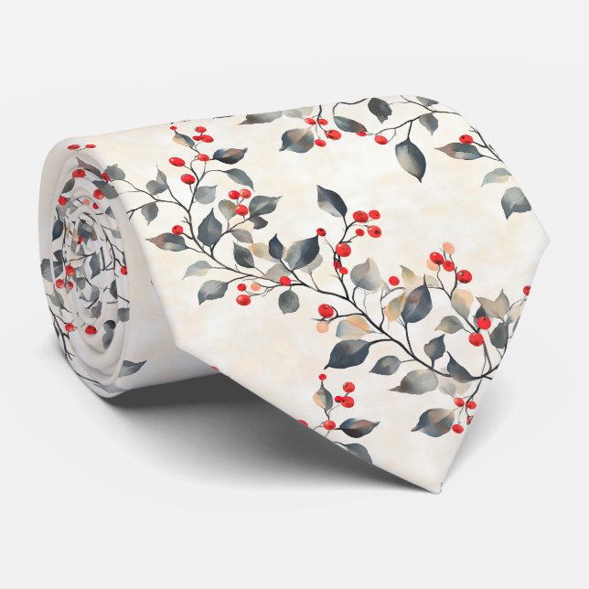 Christmas Red Berries Green Branches Neck Tie (Rolled)