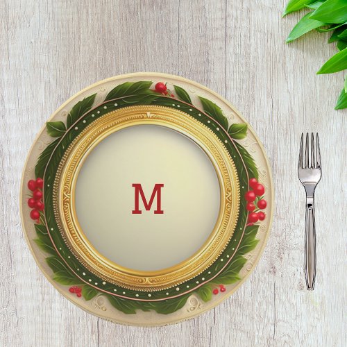 Christmas Red Berries Green Gold Monogram Artwork Paper Plates