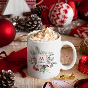 Christmas Red Berries Greenery Bouquet Monogram Coffee Mug