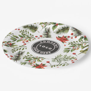 Christmas Red Berries Greenery Business Logo Paper Plates