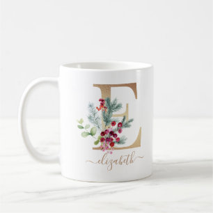 Christmas Red Berries Greenery Gold Monogram E Coffee Mug