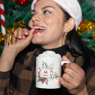 Christmas Red Berries Greenery Monogram Coffee Mug