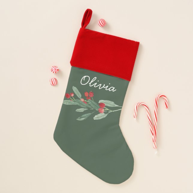 Christmas Red Berries Personalized Christmas Stocking (Front)