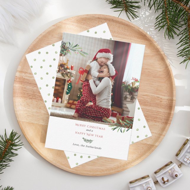 Christmas Red Berries Photo New Year Holiday Note Card (Family Photo Custom Christmas Greetings)