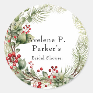 Christmas Red Berries Pine Bridal Shower Classic Round Sticker