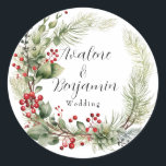 Christmas Red Berries Pine Needles Wreath Wedding Classic Round Sticker<br><div class="desc">I hope you like these red berries and pine needles in a wreath design. Matching invitations and wedding party supplies are available in this collection suite.</div>