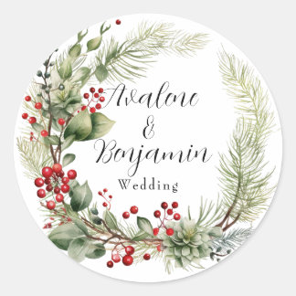Christmas Red Berries Pine Needles Wreath Wedding Classic Round Sticker