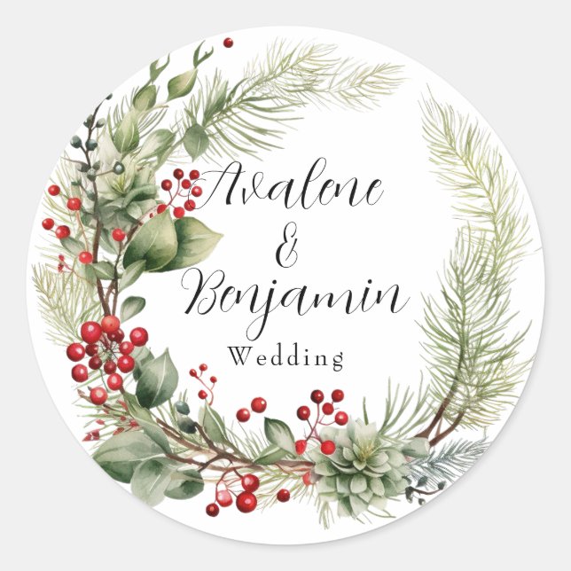Christmas Red Berries Pine Needles Wreath Wedding Classic Round Sticker (Front)