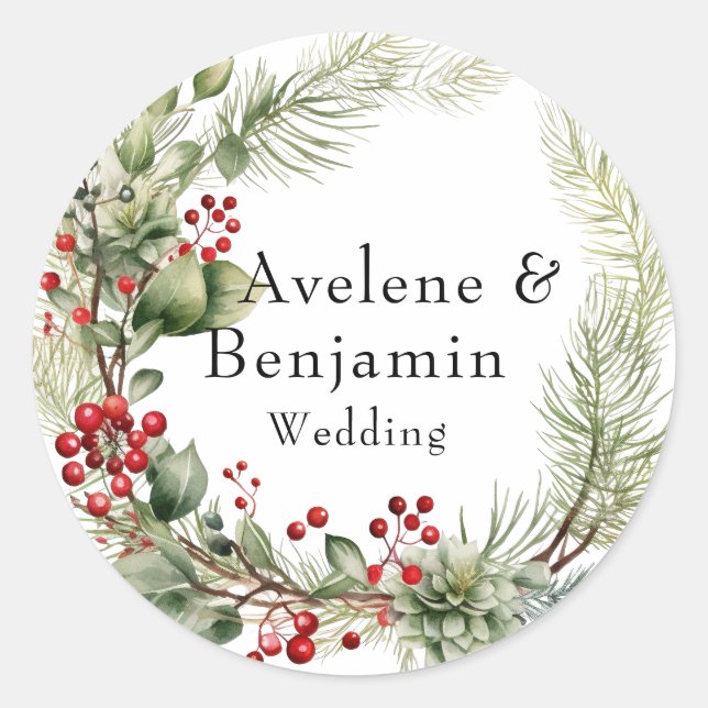 Christmas Red Berries Pine Needles Wreath Wedding Classic Round Sticker (Front)