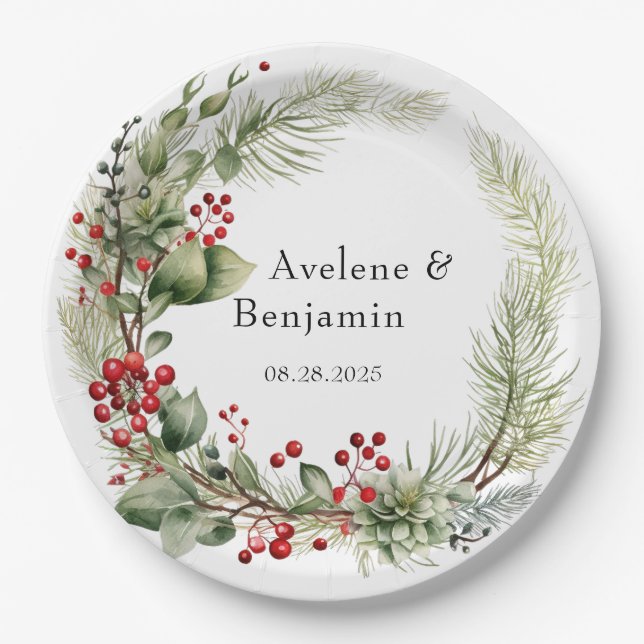 Christmas Red Berries Pine Needles Wreath Wedding Paper Plates (Front)