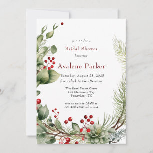 Christmas Red Berries Pine Wreath Bridal Shower Invitation