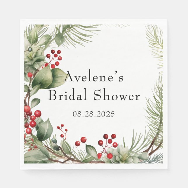Christmas Red Berries Pine Wreath Bridal Shower Napkins (Front)