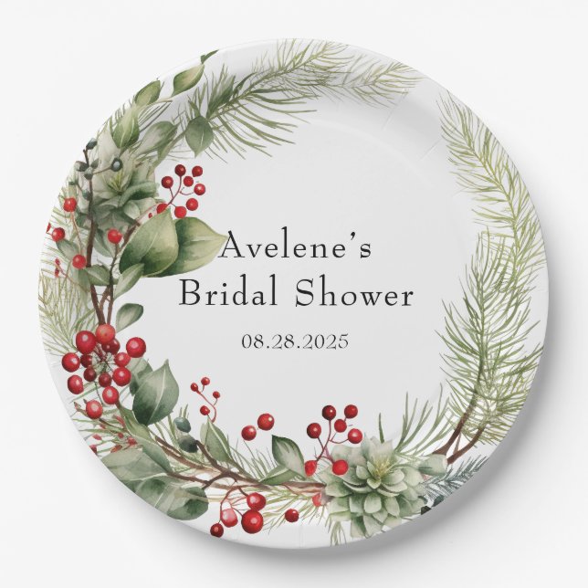 Christmas Red Berries Pine Wreath Bridal Shower Paper Plates (Front)