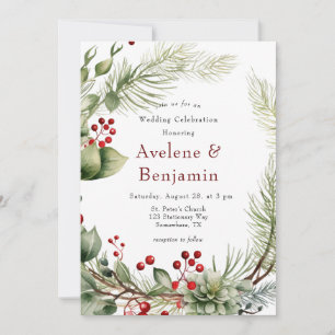 Christmas Red Berries Pine Wreath Wedding Invitation