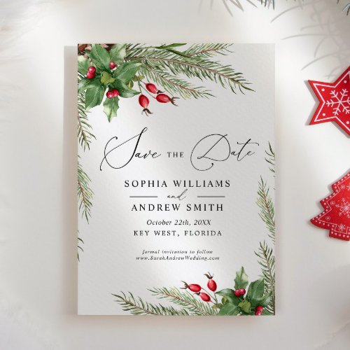 Christmas Red Berries Save the Date Invitation