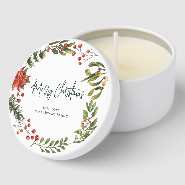 Christmas Red Berries Script Watercolor Mini Candle Favors (Corner)