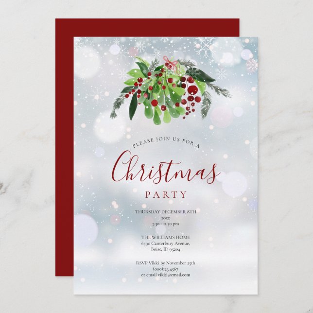 Christmas Red Berries Snowflakes Holiday Party Invitation (Front/Back)