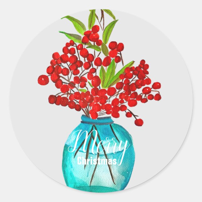 Christmas red berries  watercolor art classic round sticker (Front)