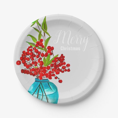 Christmas red berries  watercolor art paper plates