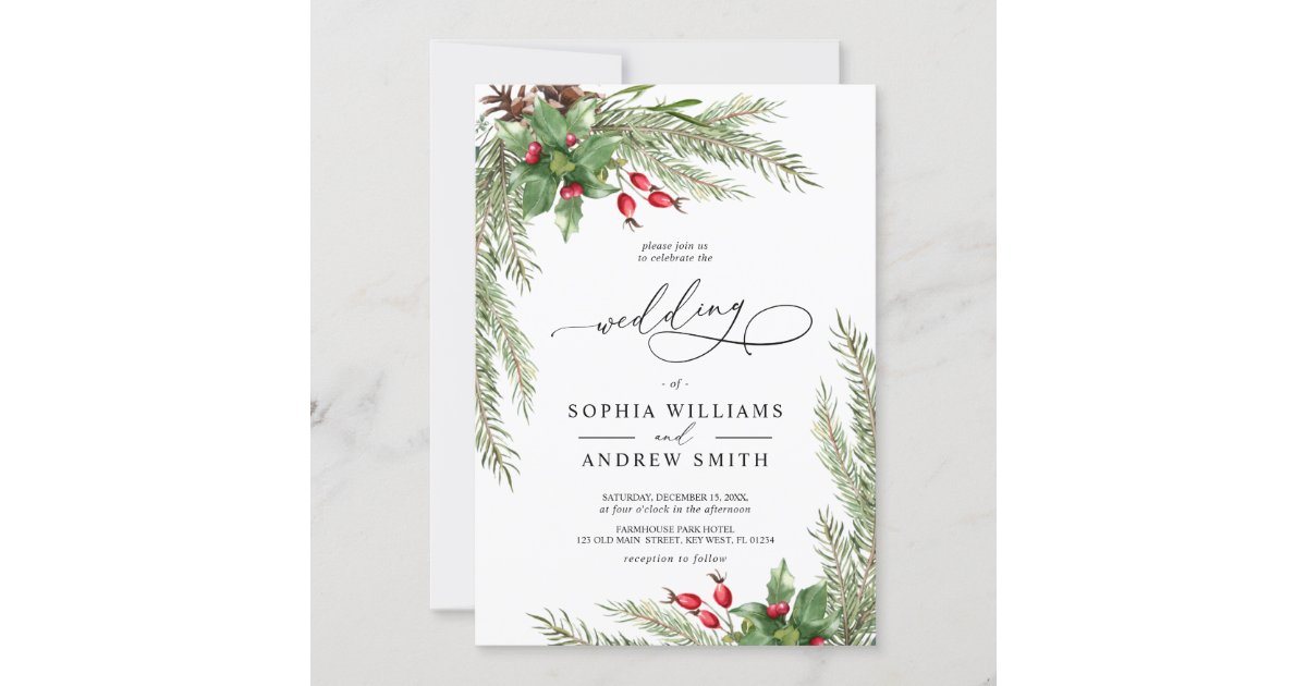 Christmas Red Berries Wedding Invitation | Zazzle