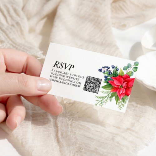 Christmas Red Berries Wedding QR Code RSVP Enclosure Card