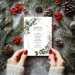 Christmas Red Berries Winter Greenery Wedding Menu<br><div class="desc">This chic and modern menu card features a delicate gold geometric frame encircling a lush watercolor wreath adorned with vibrant red berries,  and winter greenery.  Click the "customize further" button if you wish to re-arrange and format the style and placement of the text.</div>