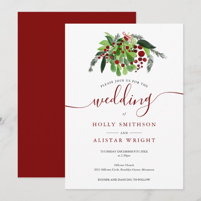 Christmas Red Berries Winter Wedding Invitation (Front/Back)