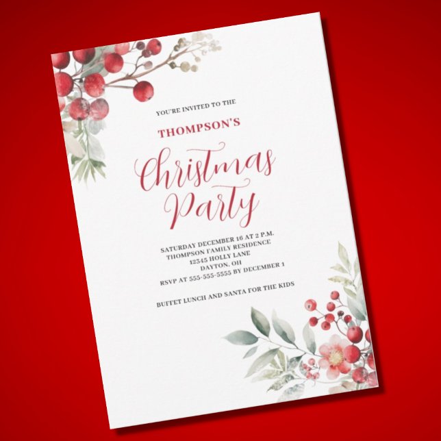 Christmas Red Berry Floral Party Invitation (Creator Uploaded)