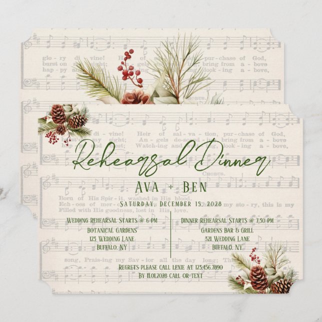 Christmas Red Berry PineCone Rehearsal Dinner Invitation (Front/Back)