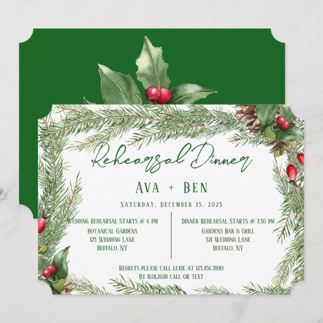 Christmas Red Berry PineCone Rehearsal Dinner Invitation (Front/Back)