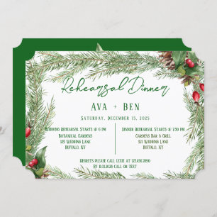 Christmas Red Berry PineCone Rehearsal Dinner Invitation