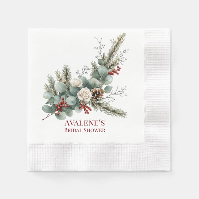 Christmas Red Berry White Rose Bridal Shower Napkins (Front)