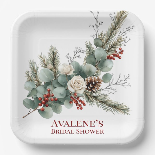 Christmas Red Berry White Rose Bridal Shower Paper Plates (Front)