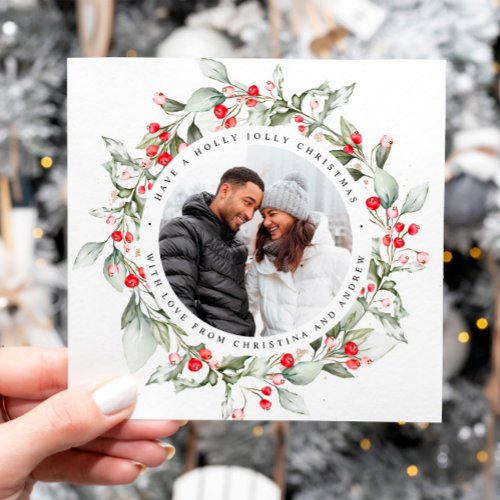 Christmas Red Berry Wreath Floral Photo Square Holiday Card