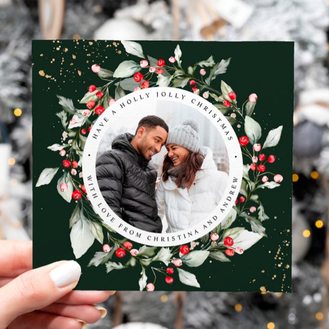 Christmas Red Berry Wreath Floral Photo Square Holiday Card (Creator Uploaded)