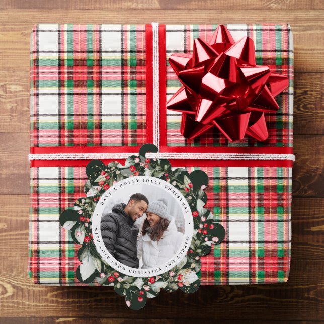 Christmas Red Berry Wreath Floral Photo Square Ornament Card (Insitu (Gift))