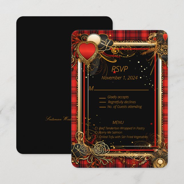 Christmas Red Black and Gold Wedding  RSVP Card (Front/Back)