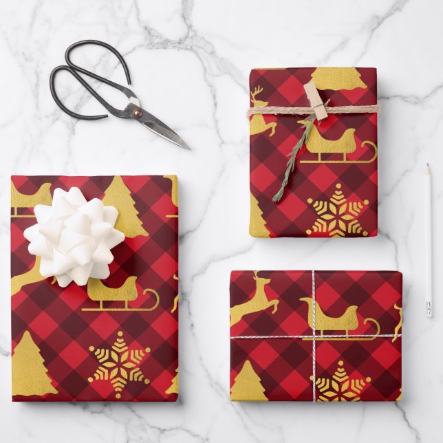 Christmas Red & Black Buffalo Plaid Gold Xmas Wrapping Paper Sheets (Front)