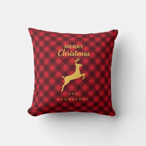 Christmas Red  Black Buffalo Plaid  Reindeer  Throw Pillow