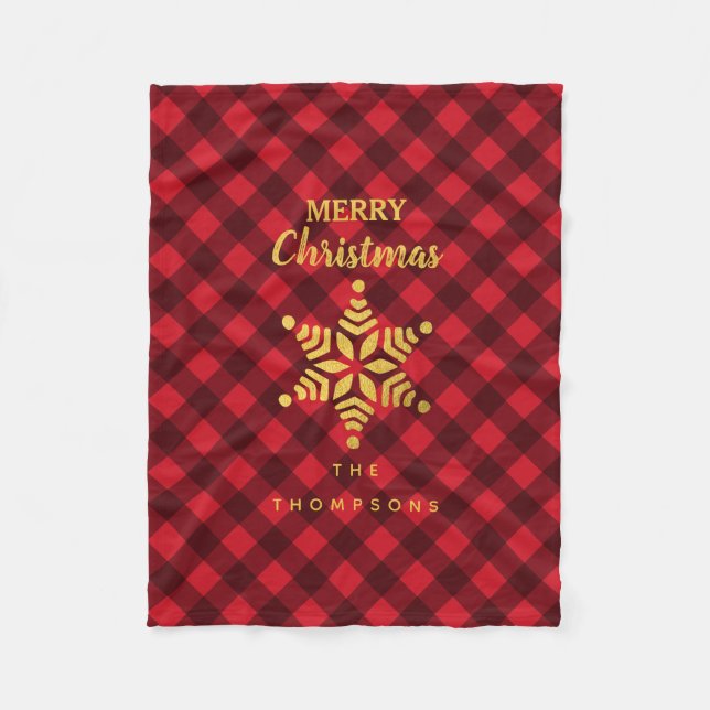 Christmas Red & Black Buffalo Plaid Star Snowflake Fleece Blanket (Front)