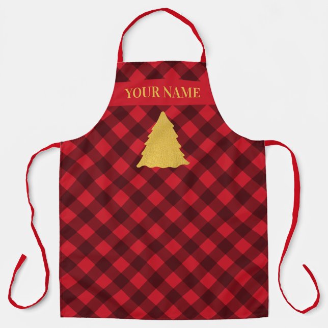 Christmas Red & Black Buffalo Plaid Xmas Tree Apron (Front)