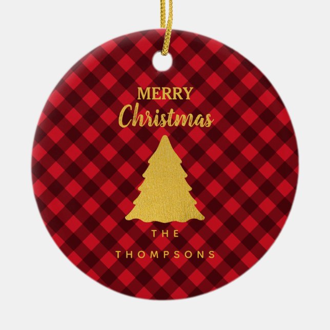 Christmas Red & Black Buffalo Plaid Xmas Tree Ceramic Ornament (Front)