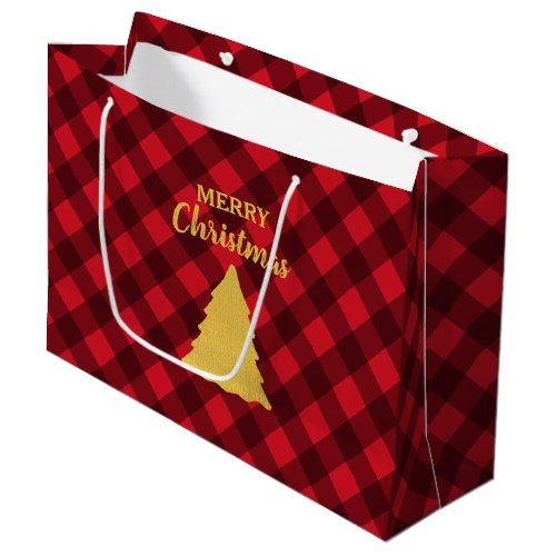 Christmas Red  Black Buffalo Plaid Xmas Tree  Large Gift Bag
