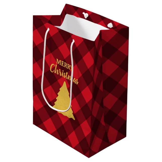 Christmas Red & Black Buffalo Plaid Xmas Tree Medium Gift Bag (Front Angled)