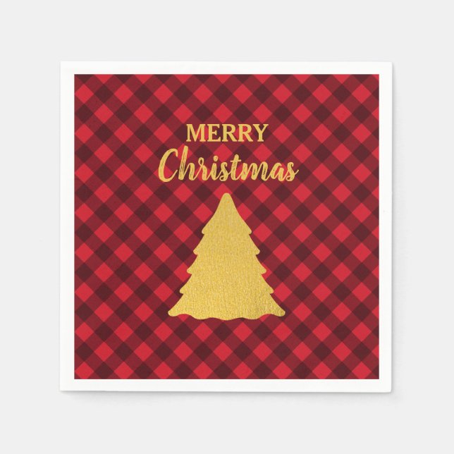 Christmas Red & Black Buffalo Plaid Xmas Tree Napkins (Front)