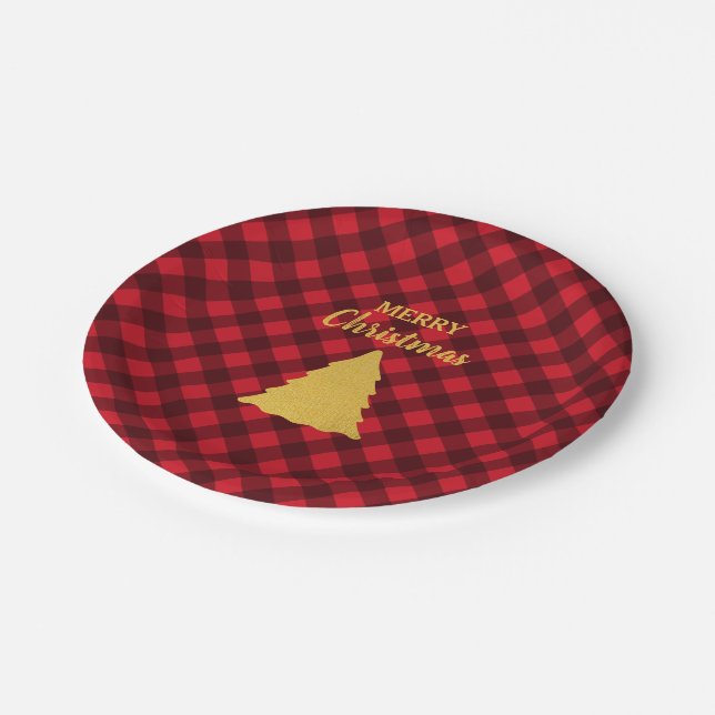 Christmas Red & Black Buffalo Plaid Xmas Tree  Paper Plates (Angled)
