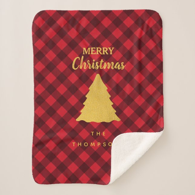 Christmas Red & Black Buffalo Plaid Xmas Tree Sherpa Blanket (Front)