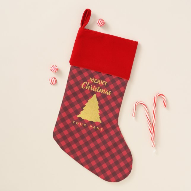 Christmas Red & Black Buffalo Plaid Xmas Tree Stocking (Front)