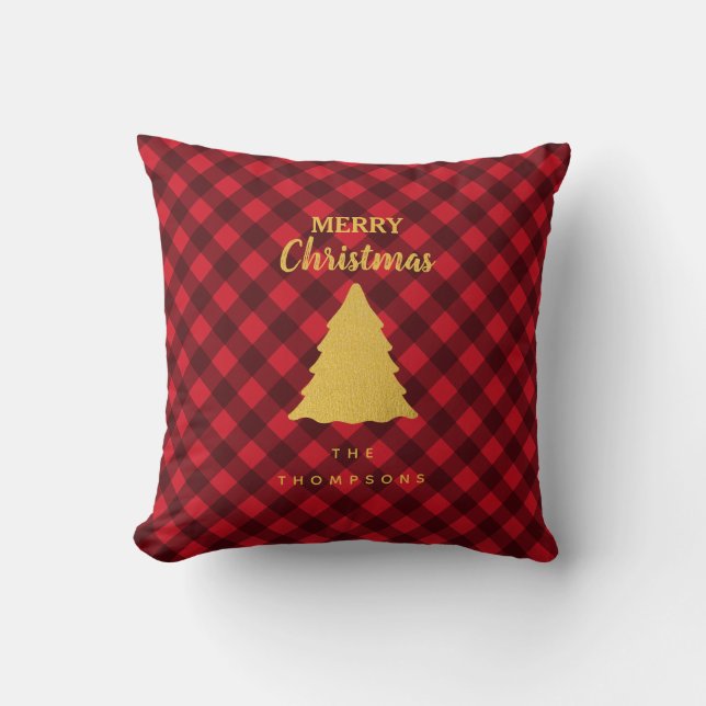 Christmas Red & Black Buffalo Plaid Xmas Tree  Throw Pillow (Front)